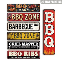 Letrero metálico largo con diseño de zona de barbacoa, decoración retro para pared de barbacoa, placa de hojalata para maestros de la parrilla, para patio trasero, cocina