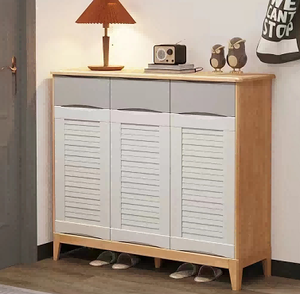 New Arrival Oak & <b>White</b> 3-Door Shoe <b>Cabinet</b> with Top Drawers & Ventilated Doors for Modern Entryway - Product Image 6