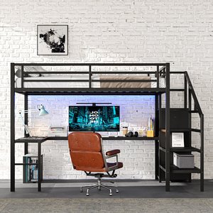Modern Full Size Metal <strong>Loft</strong> <strong>Bed</strong> Frame <strong>Desk</strong> Power Outlet Wardrobe Adjustable Shelf for Bedroom Apartment Use ODM/OEM Available - Product Image 3