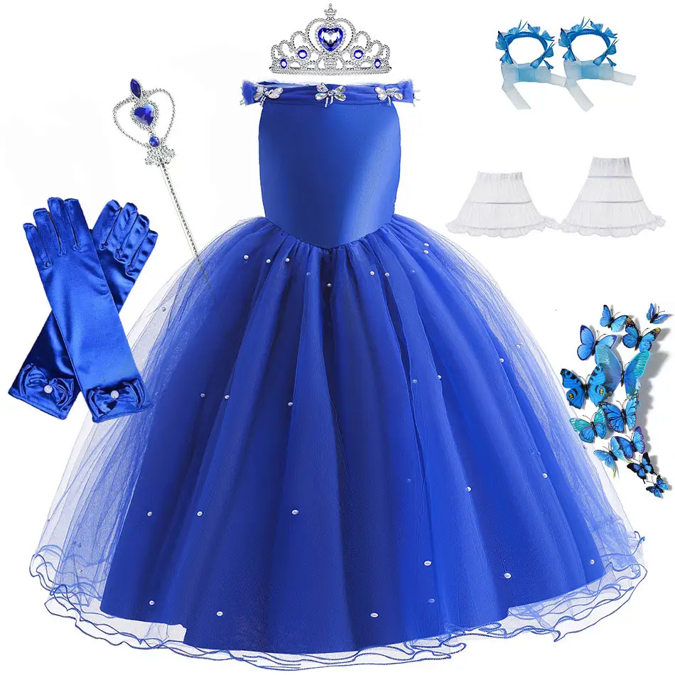 Personnage princesse Cosplay Royal bleu fil robe Costume Offre Spéciale dessin animé avec accessoires Halloween carnaval fête fille Opp sac