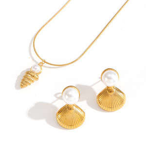 Ensemble collier et boucles d'oreilles en forme de coquillage, acier inoxydable plaqué or 18 carats, bijoux de mode pour femmes, style océan - Product Image 4