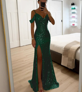 Abito da sera elegante da donna 2026 con scollo a V e paillettes lucide - Vestito lungo slim fit a tinta unita con spacco, perfetto per <span class=keywords><strong>le</strong></span> serate - Product Image 3