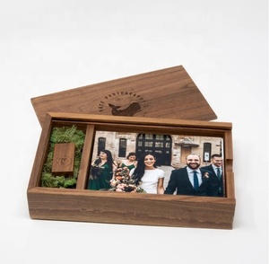 Factory walnut slide gift box packing USB and photo for wedding gifts solid wooden box