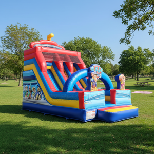 <span class=keywords><strong>Structure</strong></span> <span class=keywords><strong>gonflable</strong></span> commerciale en PVC pour intérieur/extérieur, combo toboggan double piste humide/sec avec souffleur, capacité 300-500 kg, idéale pour les fêtes - Product Image 1