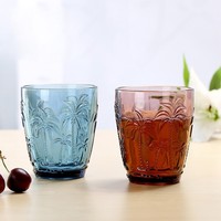 Tasse en verre artisanale vintage avec motif de palmier en relief, colorée, moderne, respectueuse de l'environnement, unisexe, compatible lave-vaisselle, pour boire de l'eau