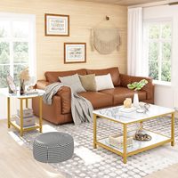 Ensemble de 2 tables basses modernes de luxe en marbre à 2 niveaux avec plateau doré pour salon