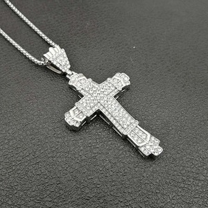 Stainless Steel <b>Cross</b> Pendant Necklace With Rhinestones Pave Setting Unisex Fashion Jewelry - Product Image 3