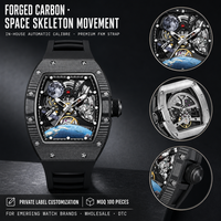 100 PCS OEM Montres mécaniques automatiques pour hommes avec cadran personnalisé en fibre de carbone, réserve de marche, lumineuses, bracelet FKM, étanches 3ATM