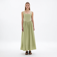 Nouvelle Robe Midi Femme Vert Sauge à Col Carré, Bretelles Larges, Corset Panélisé, Jupe Plissée Coupe Évasée, Vente en Gros Personnalisée