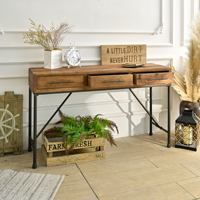 Table console rustique en bois de sapin massif avec pieds en métal, 3 tiroirs, durable, style antique, pour salle à manger, salon, entrée, couloir, appartement
