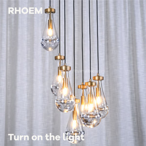 Lampadario Rotondo RHOEM RH con Gocce di Vetro Soffiato a Mano, Copertura in Ottone Massiccio, Certificato UL 110V - Product Image 3