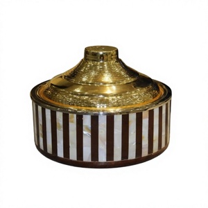 Mother of Pearl Hotpot With Gold Hammered <b>Lid</b> Round Shape Tabletop Handmade Luxury Metal Casserole - Product Image 1