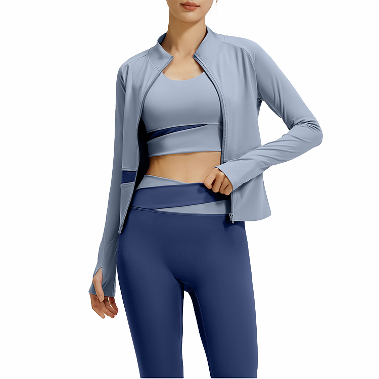 Women's Peach Color Block Three-Piece Yoga Fitness Set Featuring High Waist Long Sleeve Nude Feel Polyester Spandex Fabric
