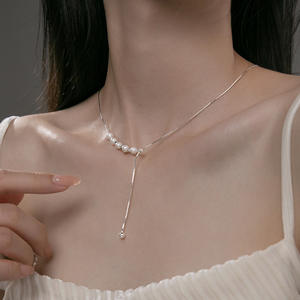 S925 Pure Silver Rice Grain Pearl <b>Necklace</b> Retro Double-Layer <b>Small</b> Round Bead <b>Pendant</b> with D9599 Collarbone Chain - Product Image 2