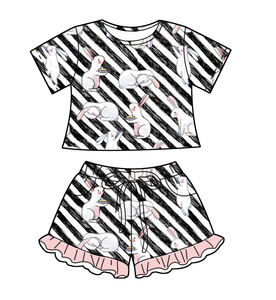 Set all'ingrosso di Top a maniche corte e pantaloncini arruffati per bambini con stampa personalizzata per ragazze <span class=keywords><strong>abbigliamento</strong></span> di bambù alla moda <span class=keywords><strong>estivo</strong></span> comodo - Product Image 2