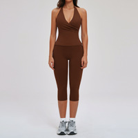 Conjunto de yoga de dos piezas para mujer, transpirable, de ajuste relajado, liso, cepillado, para deportes al aire libre, de Spandex/Nylon, estilo europeo-americano transfronterizo.