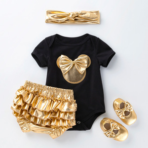 Mikey Estate Breve Oro Del Bambino Pigiama della ragazza Del Pagliaccetto Della <span class=keywords><strong>Tuta</strong></span> Tutina Partito Usura Del Bambino Del Cotone Neonato Vestiti Del Bambino Del Pagliaccetto - Product Image 1