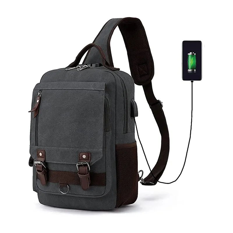 Canvas men's sling messenger chest pack belly waist packs bag anti-theft shoulder crossbody sling bag with USB charging port