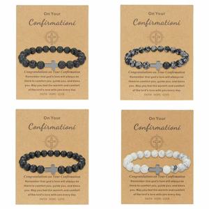 Cross Natural Stone <b>Beaded</b> <b>Bracelet</b> Set Black Volcanic Stone Cross Accent Unisex Jewelry Confirmation Gift - Product Image 1