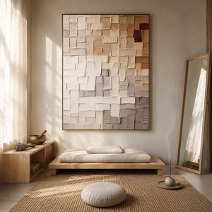 Grande <span class=keywords><strong>peinture</strong></span> murale <span class=keywords><strong>abstraite</strong></span> moderne Wabi Sabi en toile, texture 3D épaisse, beige et marron, pour la maison et la <span class=keywords><strong>galerie</strong></span> - Product Image 1