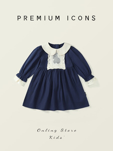 Vendita all'Ingrosso di Abiti Principessa Blu Navy a Maniche Lunghe con Ricamo a Coniglio per Bambine, Autunno 2025 - Product Image 2