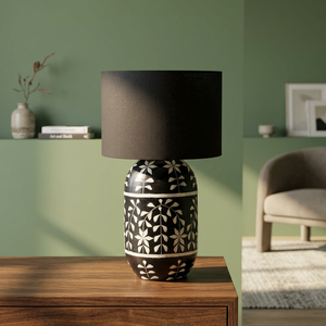 <b>Black</b> Floral Bone Inlay Ceramic Table Lamp Bedside Desk <b>Light</b> Mid Century Style AC Powered E26 <b>Bulb</b> Base for Living Room Decor - Product Image 4