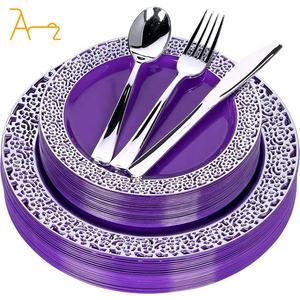 Ensemble de vaisselle en <span class=keywords><strong>plastique</strong></span> de qualité supérieure pour fête, assiettes de mariage fantaisie, élégant <span class=keywords><strong>bleu</strong></span> royal et argent jetables pour dessert salade traiteur - Product Image 4