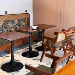 Solid wood rattan backrest booth seating <b>restaurant</b> floral fabric upholstered banquette cafe dining table chair <b>set</b> - Product Image 1