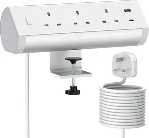 UK Power Clamp Mounted Desk Power Socket With PD 20W USB C/ Aluminium Alloy Desktop Power Strip With 3 UK Plugs 2 USB Port