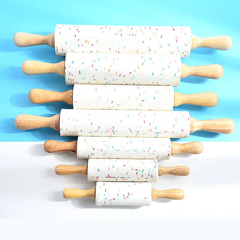Factory selling non stick silicone colorful rolling pin with wood handle professional rolling pin for baking