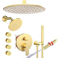 Système de douche double tête Homedec avec 4 jets latéraux, pommeau de douche pluie 4 voies, mitigeur 1 poignée et douchette à main, en laiton et acier inoxydable, finition or brossé