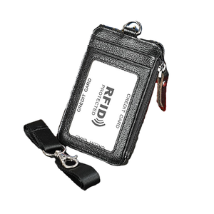 Genuine Leather Kpop Keychain RFID Blocking <b>Card</b> and Credit <b>Card</b> <b>Holder</b> Functional Small ID Wallet <b>Keyring</b> - Product Image 1