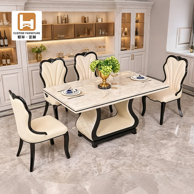 Nordic Luxury Modern Expandable Space Saving Rectangular White Marble Rustic Oak Solid Wood 6 Seater Dining Table Set for Home