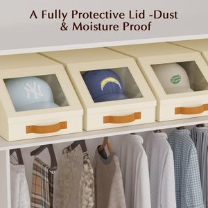 <strong>Beige</strong> Breathable Fabric Baseball Cap Organizer 2PCS Stackable <strong>Storage</strong> <strong>Box</strong> Clear Lid Flip-Top Access Space-Saving <strong>Box</strong> - Product Image 4