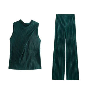 Fashion Custom Damen bekleidung 2-teiliges Set Damen weste Ärmelloses langes Hosen-Outfit Falten Freizeit kleidung Plissee Damen-Sets - Product Image 3