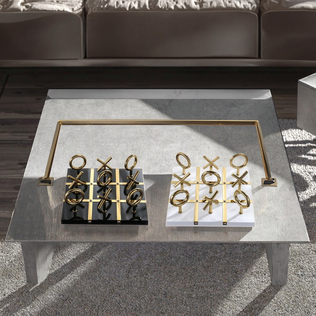 Modern Luxury Gold Metal Tic Tac Toe Game Set Black White Table Decor Ornament for Home Office Gift