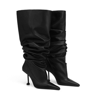 2024 Wrinkle Sexy Botas De Mujer Thin Heel Midi Calf High Boots for Women <b>Shoes</b> - Product Image 2