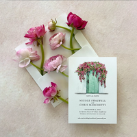 Cartes d'invitation de mariage personnalisées en papier coton avec impression verte chêne vieilli, estampage à chaud et gaufrage, style vintage élégant