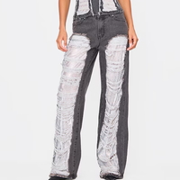 Jeans délavés à panneau de paillettes en détresse vintage pantalon baggy taille moyenne à jambe droite pantalon effiloché coupe décontractée pour femmes