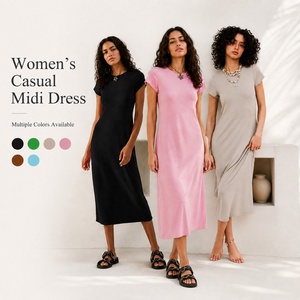 <span class=keywords><strong>Elegante</strong></span> Vestido Camiseta de Manga Corta para Mujer, Cuello Redondo, Corte Ajustado, Midi, Informal, para Uso Diario en Verano - Product Image 1