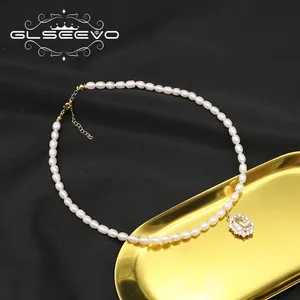 Natural freshwater pearl elliptical zircon necklace 18k gold plated bead chain necklace for women fashion charm jewelry