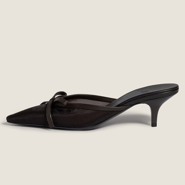 Women Mesh Pointed Toe Kitten Heel Mules Bow Knot Slip on Open Back Low Heel Shoes Wholesale OEM Custom