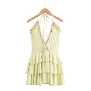 Vestido Lápiz Halter Cruzado Color Albaricoque, Estilo Boho, Sin Mangas, Transpirable, Casual de Verano - Product Image 6