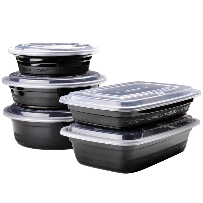 Черная круглая пластиковая миска из ПП для приготовления еды, для салата, веганского супа, одноразовая пластиковая миска с крышкой, миска для микроволновой печи