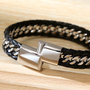 <span class=keywords><strong>Bracciale</strong></span> da Uomo in Pelle Intrecciata Multistrato con Catena Nera di Lusso in Acciaio Inossidabile - Product Image 3