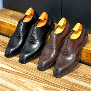 Zapatos de cuero con punta cuadrada de estilo informal de negocios de calidad japonesa, cierre con cordones, patrón sólido de madera de imitación para servicio público - Product Image 4