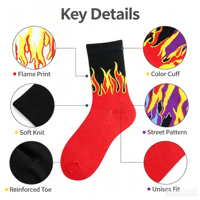 Chaussettes mi-mollet personnalisées à imprimé flamme pour hommes et femmes, chaussettes tricotées tendance pour skateboard, fournisseur en gros