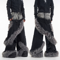 Jeans Baggy Homme Personnalisés avec Bordure en Fausse Fourrure, Pantalon en Denim à Jambes Larges, Effet Usé et Déchiré, Style Streetwear, Marque Privée, Faible MOQ, OEM ODM, Vente Directe