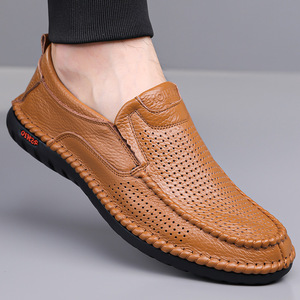 Mocasines de Cuero Genuino para Hombre, Verano, Sin Cordones, Transpirables, Suela de Goma, Zapatos Casuales, Diseño Sólido, Logotipo Impreso, Perforados - Product Image 1
