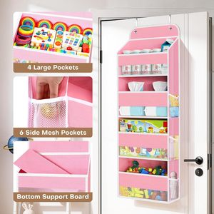 Organisateur suspendu sur porte à 4 poches, en tissu non tissé rose, pour l'organisation de la chambre d'enfant, de la chambre à coucher et du placard - Product Image 4